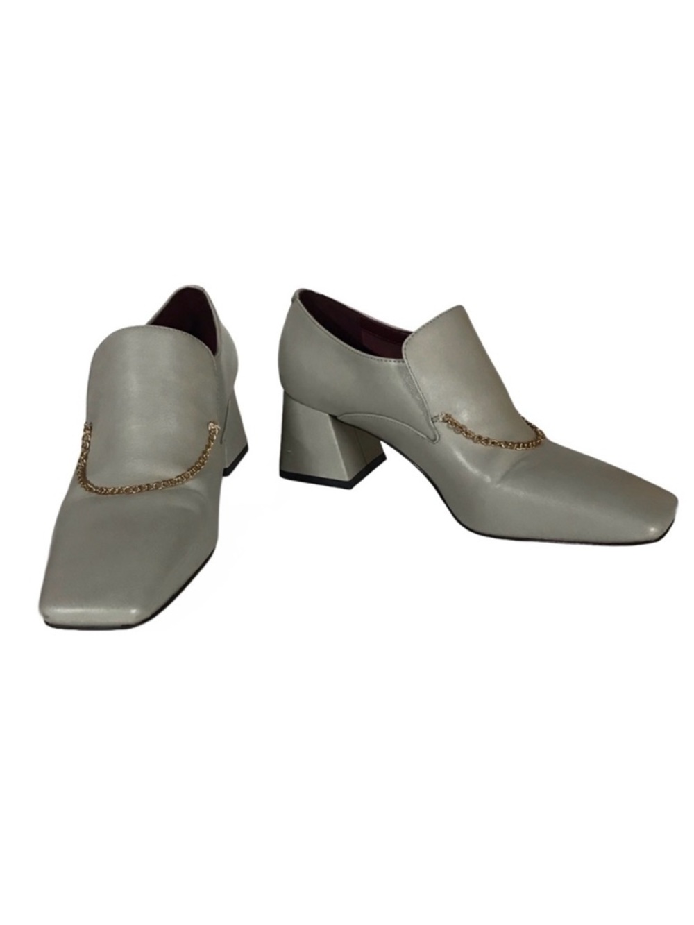 CHARLES & KEITH GRAY LEATHER BLOCK HEEL CHAIN LOAFERS (36)